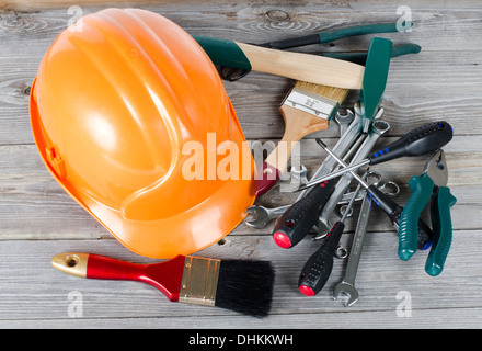 Set building tools on old boards Stock Photo