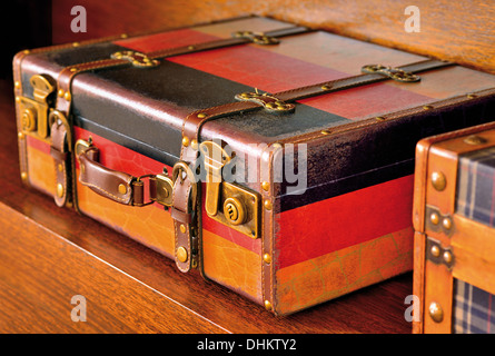 Brazil, Bento Gonçalves: Nostalgic suitcase in the fireplace lounge of Hotel & Spa do Vinho in the Vineyard´s Valley Stock Photo