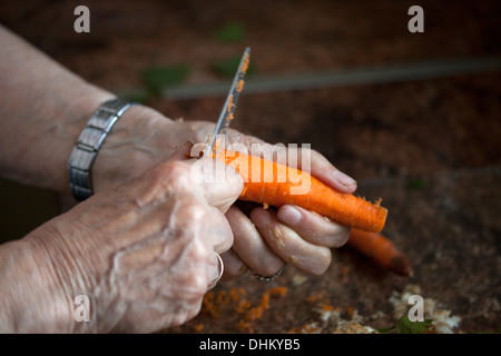 Polish woman age 88 preparing carrots for soup. Zawady Central Poland Stock Photo
