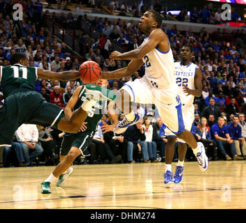 Chicago, ILLINOIS, USA. 12th Nov, 2013. Kentucky Wildcats guard Aaron Harrison (2) was fouled by Michigan State Spartans guard Keith Appling (11) on a drive in the second half as defeated #1 Kentucky 78-74 on Tuesday November 12, 2013 in Chicago, IL. Photos by Mark Cornelison | Staff © Lexington Herald-Leader/ZUMAPRESS.com/Alamy Live News Stock Photo