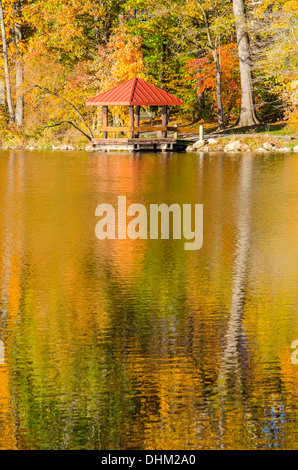 Fall Colors on the trees reflecting in Lake Elkhorn in Columbia, Maryland Stock Photo