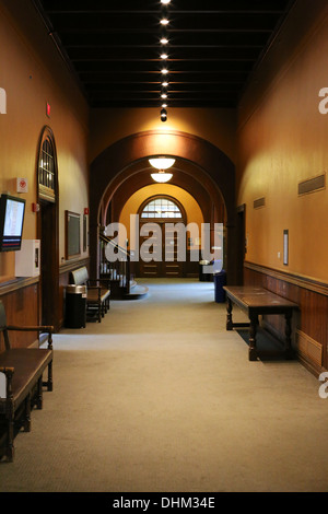 Hallway at Austin Hall, Romanesque Revival university building at Harvard Law School, Cambridge, MA, USA. Stock Photo