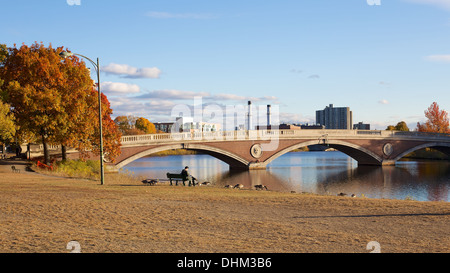 Fall afternoon at Weeks Footbridge on the banks of the Charles river in Cambridge, MA, USA on November 3, 2013. Stock Photo