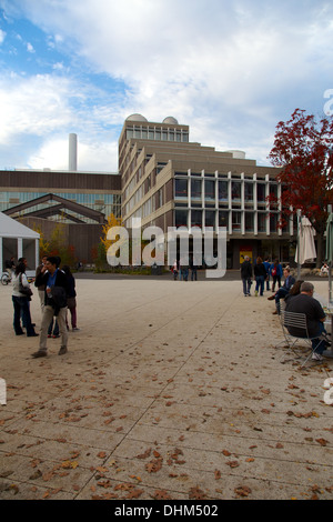Square in front of the modernist Harvard Science Center on Harvard University campus on November 2, 2013 in Cambridge, MA, USA. Stock Photo