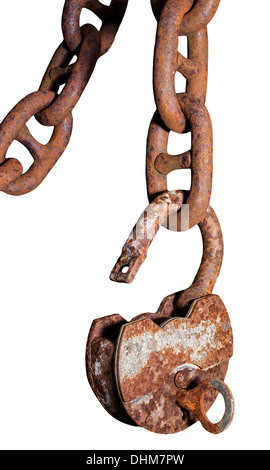 Big old rusty metal open padlock with a key hanging on a bold chain Stock Photo