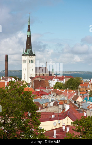 Cityscape picture taken in the Old Town of Tallinn, Estonia. Houses with red roof and church St. Olaf in background. Stock Photo