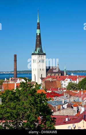 Cityscape picture taken in the Old Town of Tallinn, Estonia. Houses with red roof and church St. Olaf in background. Stock Photo