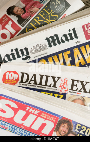 UK national tabloid press daily newspaper headline front pages - Sun, Mirror, Mail, Express Stock Photo