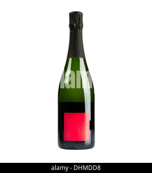 Champagne bottle with red label isolated on white background Stock Photo