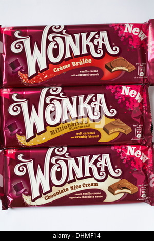 New Wonka chocolate bars - Creme Brulee,  Millionaire's shortbread and Chocolate Nice Cream flavours on white background