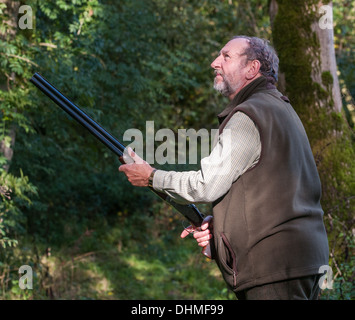 A man with a shotgun stood in a wood waiting for the start of a pheasant shoot in England - Portrait Stock Photo