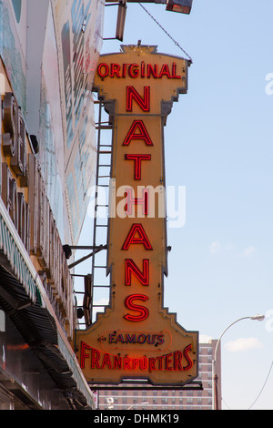 Neon sign for Nathans hot dog restaurant Coney Island, Brooklyn, New York, United States of America. Stock Photo