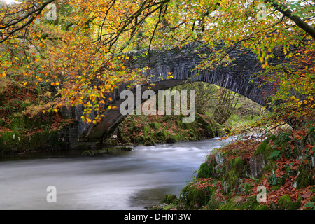 Autumn bridge over the River Brathay Clappersgate near Ambleside, Lake District Cumbria UK Stock Photo