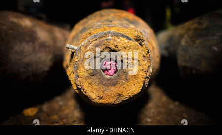 One of eleven disarmed WWII aircfraft bombs are on display in the rural ...