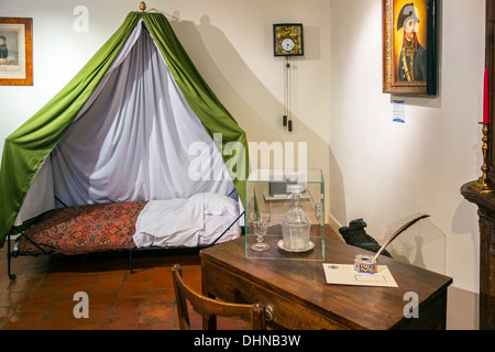 Camp bed of Napoleon at Napoleon's Last HQ / Headquarters museum about the 1815 Battle of Waterloo at Vieux-Genappe, Belgium Stock Photo