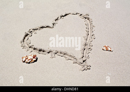Heart sign at the beach written in sand Stock Photo