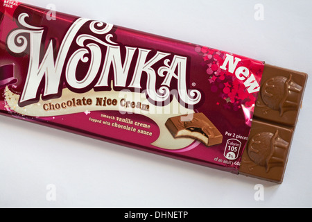 New Wonka Chocolate Nice Cream flavoured chocolate bar opened to show contents set on white background