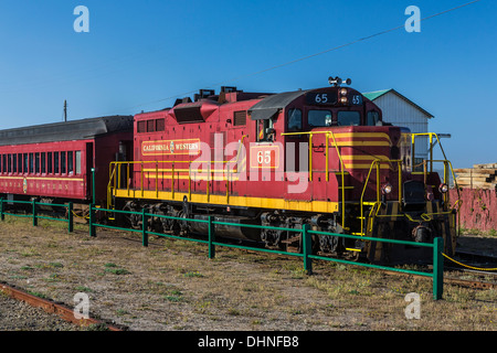 EMD GP9m locomotive ready for the morning's run at the Fort Bragg end of the Skunk Train in Mendocino County, California, USA Stock Photo