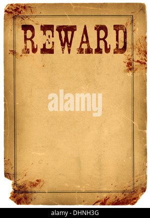 Bloody stained old western reward poster made from real antique 1800s paper Stock Photo