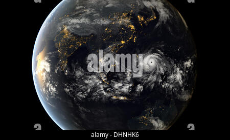 View of earth showing super Typhoon Haiyan in the Pacific Ocean approaching the Philippines November 7, 2013. Haiyan struck the Philippines with winds of 195 mph causing devastation and killing more than 2,000 people. Credit:  Planetpix/Alamy Live News Stock Photo