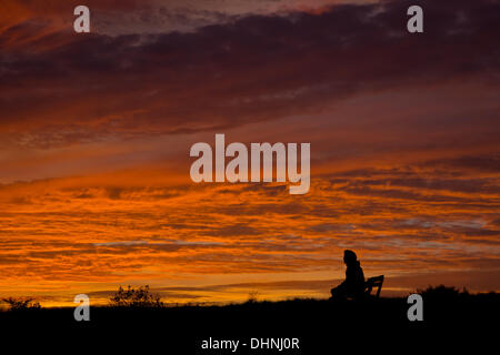 London UK, 13th November 2013. A passer by drinks in the scene as the sun sets over Parliament Hill on a beautiful autumn evening. Credit:  Patricia Phillips/Alamy Live News Stock Photo