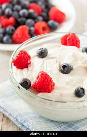 Fresh Organic Healthy Yogurt with Raspberries and Blueberries Stock Photo