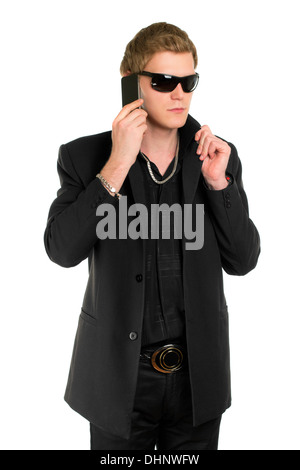 serious male undercover agent in sunglasses using talkie walkie near car  Stock Photo - Alamy