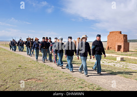 Civil War Era Union soldier reenactors marching in formation, Fort Union National Monument, New Mexico USA Stock Photo