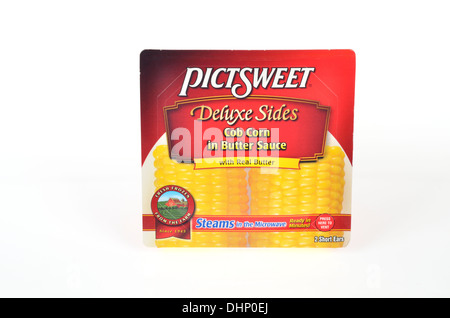 Unopened box of frozen corn on the cob on white background, cut out. USA Stock Photo