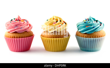 Three colorful frosted cupcakes with sprinkles on white background Stock Photo