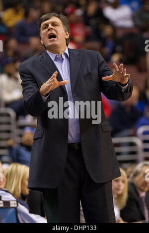 November 13, 2013: Houston Rockets head coach Kevin McHale reacts on the sidelines during the NBA game between the Houston Rockets and the Philadelphia 76ers at the Wells Fargo Center in Philadelphia, Pennsylvania. The 76ers win 123-117 in overtime. (Christopher Szagola/Cal Sport Media) Stock Photo