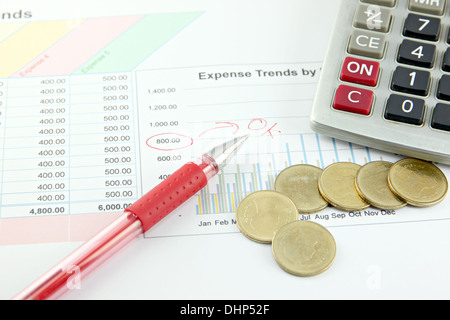 Closeup Picture Red Pen,Calculator and money Coins on the Business graph. Stock Photo