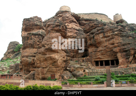 Fort atop rocky mountain and cave temples at Badami, Karnataka, India, Asia Stock Photo