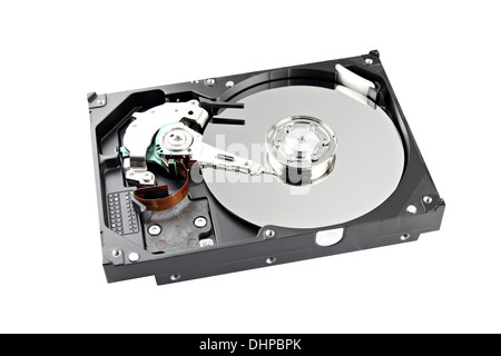 Open to see inside Hard drive to store data on white background. Stock Photo