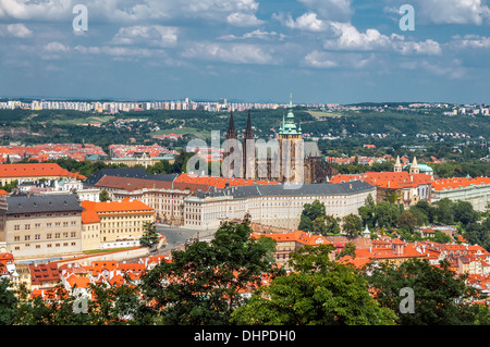 View on St. Vitus church and Prague city center, aerial view Stock Photo
