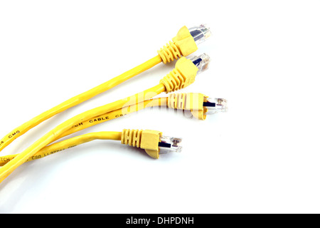 Yellow LAN Cables on white background. Stock Photo