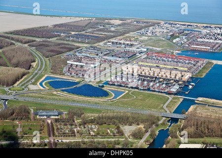Netherlands, Almere, NUON Solar island. Solar panels. Aerial Stock Photo