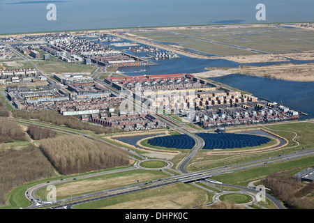 Netherlands, Almere, NUON Solar island. Solar panels. Aerial Stock Photo