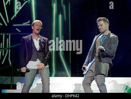Kian Egan and Shane Filan,  of Westlife performing on their 'Farewell' Tour at the Liverpool Echo Arena. Liverpool, England - 15.05.12 Stock Photo