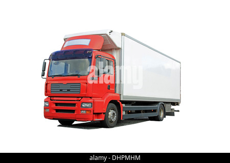 Red Delivery Truck Isolated over White Background Stock Photo