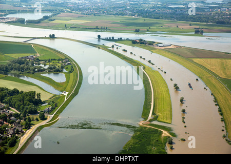 Netherlands, Westervoort. Nederrijn river dividing in Nederrijn river, above, and IJssel river, below. Flooded land  floodplains Stock Photo