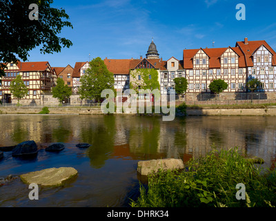 Half-timbered houses with Fulda River, Hann. Münden, Germany Stock Photo