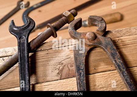 still life with old tools in the workroom Stock Photo