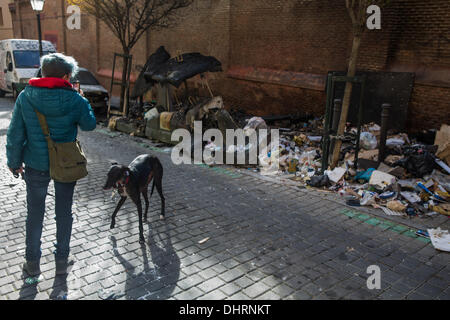 Madrid, Spain. 10th Nov, 2013. A woman takes a photo with her mobile phone to burned containers in a street in the center of madrid on November 10, 2013 in Madrid, Spain. Street cleaners, trash collectors an public park gardeners working for Madrid city council started an open-ended strike on November 5, 2013, called by trade unions against layoffs and salary cuts. Madrid's municipal cleaning companies plan to axe around 1,000 jobs and cut wages by 40 percent.Photo: Alvaro Hurtado/NurPhoto © Alvaro Hurtado/NurPhoto/ZUMAPRESS.com/Alamy Live News Stock Photo