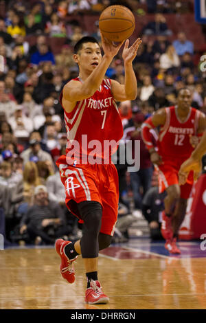 Philadelphia, Pennsylvania, USA. November 13, 2013: Houston Rockets point  guard Jeremy Lin (7) in action during the NBA game between the Houston  Rockets and the Philadelphia 76ers at the Wells Fargo Center