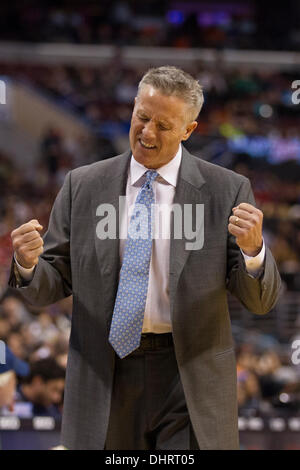 Philadelphia, Pennsylvania, USA. November 13, 2013: Philadelphia 76ers head coach Brett Brown reacts during the NBA game between the Houston Rockets and the Philadelphia 76ers at the Wells Fargo Center in Philadelphia, Pennsylvania. The 76ers win 123-117 in overtime. (Christopher Szagola/Cal Sport Media/Alamy Live News) Stock Photo