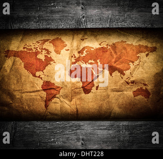 Antique world map in grunge wooden frame Stock Photo