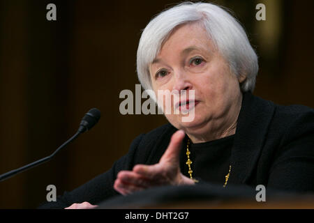 Washington DC, USA. 14th November 2013. Janet Yellen testifies before the Senate Banking Committee during a hearing on her nomination to become Chair of the Federal Reserve Bank on November 14, 2013 in Washington, DC Credit:  Kristoffer Tripplaar/Alamy Live News Stock Photo