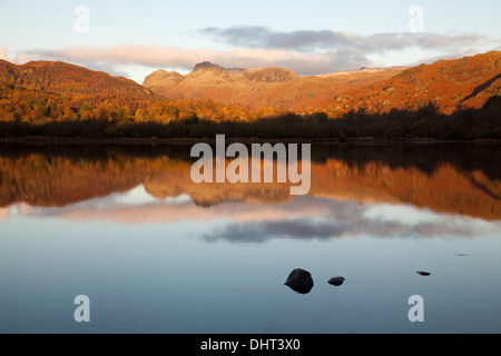 Langdale Pikes reflected in Elter Water, Cumbria, UK Stock Photo