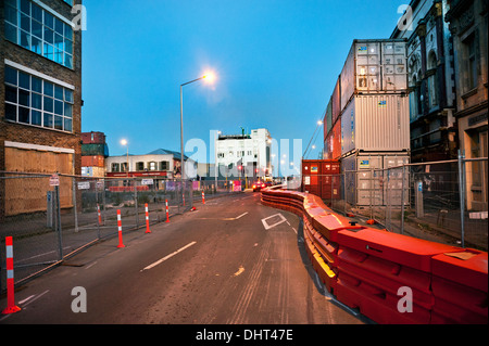 Christchurch, New Zealand. Works in the post-earthquake city centre, 2013. Shipping containers support buildings. Stock Photo